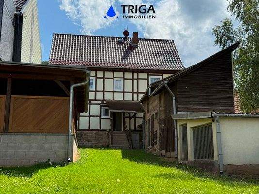 Blick vom Garten auf Haus