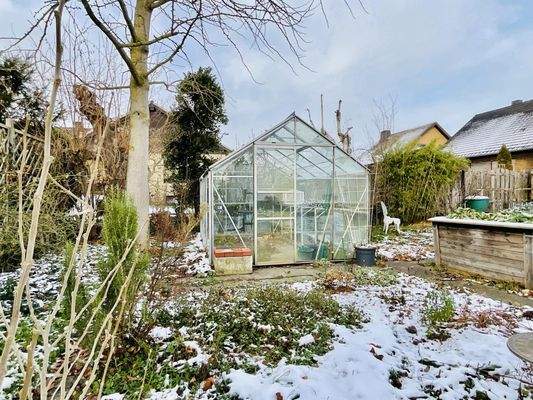 Außenansicht Garten mit Gewächshaus