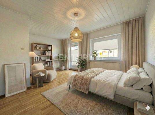 Zimmer mit Balkon zum Garten visualisiert