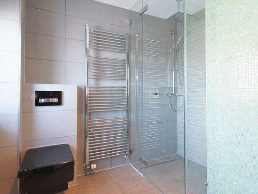 Stilvolles Gästebadezimmer mit bodengleicher Wellnessdusche und WC