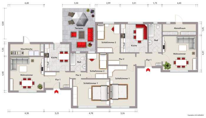 Grundriss Erdgeschoss (nicht maßstabsgerecht, Möblierungsbeispiel)