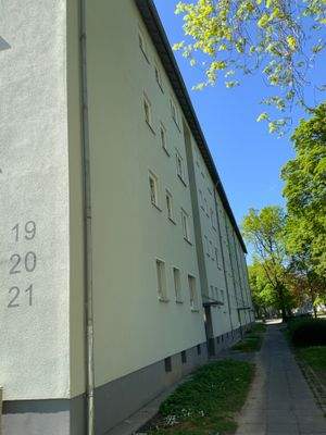 Seitenansicht Gebäude mit Fenstern und Begrünung