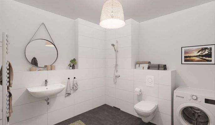 Modern gefliestes Badezimmer mit bodengleicher Dusche
