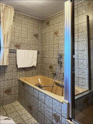 Das Bad verfügt über Dusche und Badewanne