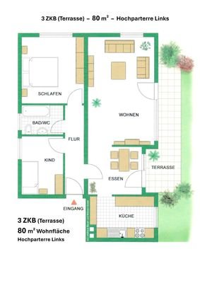 3 ZKBT-Wohnung - 80 m² - Hochparterre Links