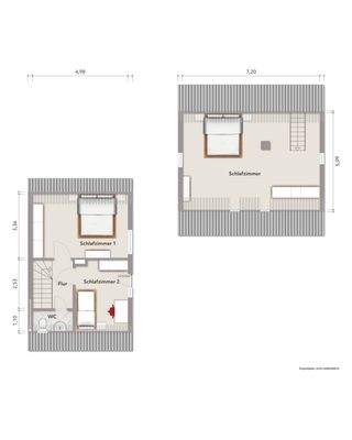 Grundriss Dachgeschoss (nicht maßstabsgerecht, Möblierungsbeispiel)