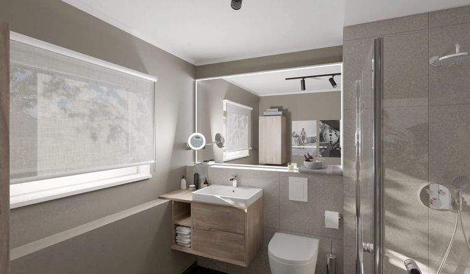 Ein modern gefliestes Badezimmer mit bodengleicher