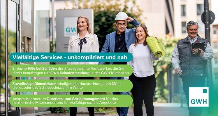 Services: Hilfe bei Schäden durch ausgewählte Handwerker mit Direktbeauftragung und 24h Schadenmeldung in der App. Dienstleister erledigen Hausordnung, Mülldienst oder Schneeschippen. Ansprechpartner im Quartiers- / Sozialmanagement.