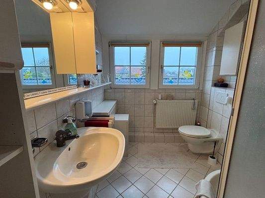 das Bad mit Dusche im Dachgeschoss