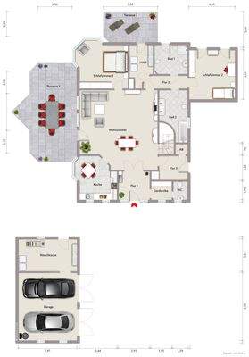 Grundriss Erdgeschoss (nicht maßstabsgerecht, Möblierungsbeispiel)