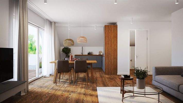 Blick zum Koch- und Essbereich