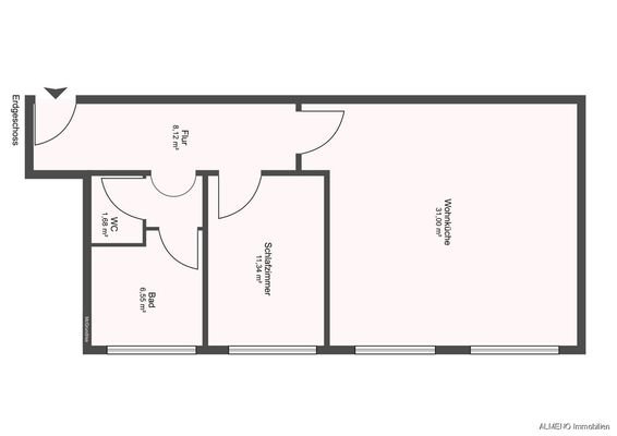 Bad WC Schlafzimmer und große offene Wohnküche
