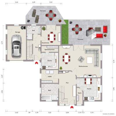 Grundriss Erdgeschoss (nicht maßstabsgerecht, Möblierungsbeispiel)