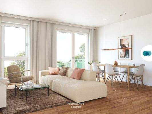 Ansicht I: Wohn- und Esszimmer mit offenem Küchenbereich