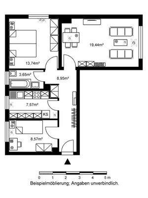 Grundriss mit Wohnzimmer (19,44 m²), Schlafzimmer (13,74 m²),Büro (8,57 m²),  Küche  (7,57 m²), Bad (3,65 m²) und Flur (8,95 m²).