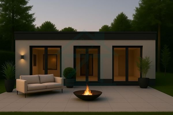 Moderne Terrasse bei Dämmerung