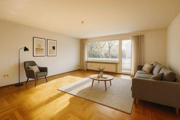 Visualisierung Offener Wohn- und Essbereich mit Balkonaustritt