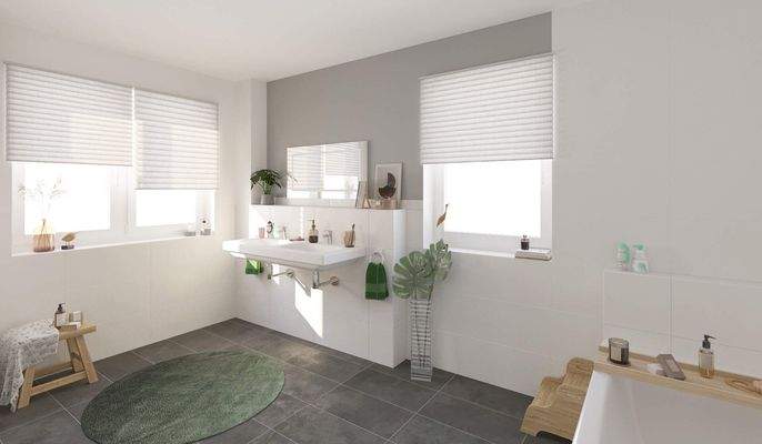 Modern gefliestes Bad mit Badewanne und Dusche