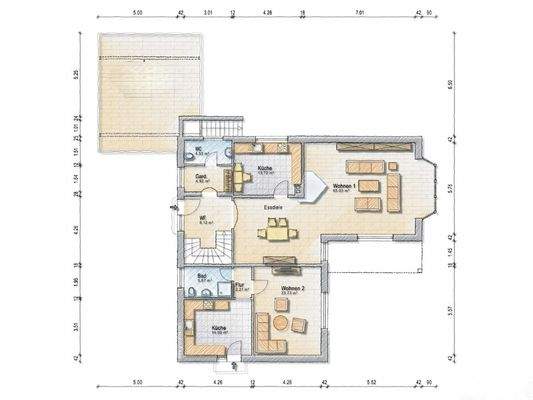 Grundriss-Entwurf mit Einliegerwohnung (nicht maßstäblich)
