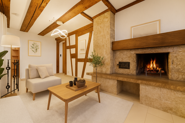 Wohnungseingang mit Kamin, virtuelle Darstellung