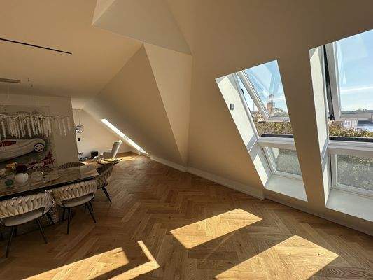 Light flooding through skylights with a view of th