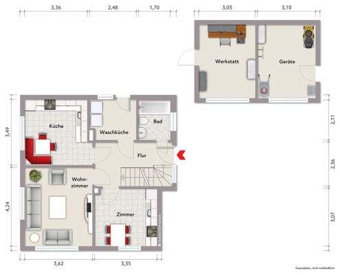 Grundriss Erdgeschoss (nicht maßstabsgerecht, Möbllierungsbeispiel)