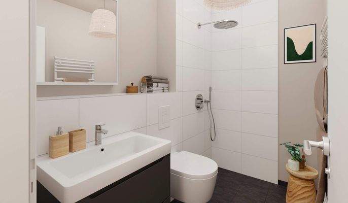 Modern gefliestes Bad mit bodengleicher Dusche im 