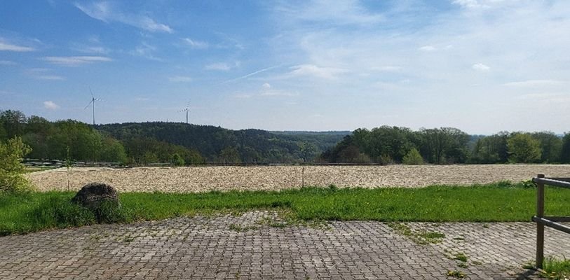 Blick auf den Aussenreitplatz und Steigerwald.jpg
