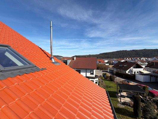 Balkon: Weitblick über das in 2025 sanierte Dach bis zum Horizont