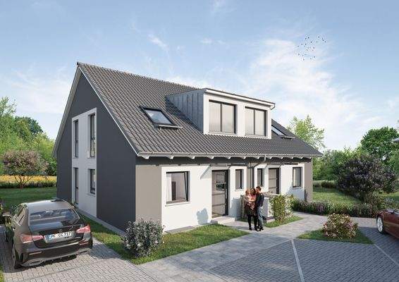 Doppelhaus Visualisierung mit Zufahrt und Eingang