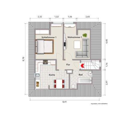 Grundriss Dachgeschoss (nicht maßstabsgerecht, Möblierungsbeispiel)