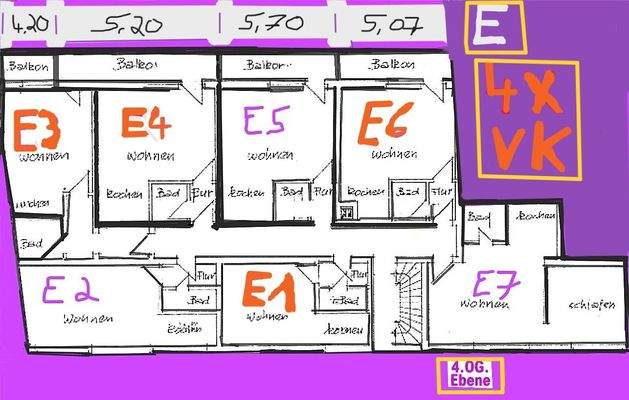 Grundriss 4.OG. mit 4 v. 12 WE. Ebene E