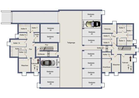 Grundriss Tiefgarage mit Keller in 2D