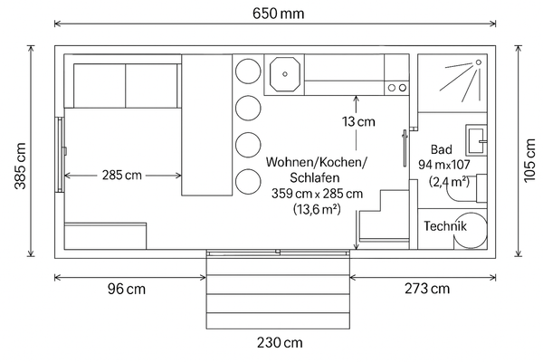 Technische Grundrisszeichnung eines Kompaktapartme