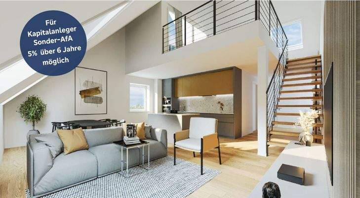 Unverbindliche Visualisierung des großzügigen, offenen Wohn- und Essbereiches