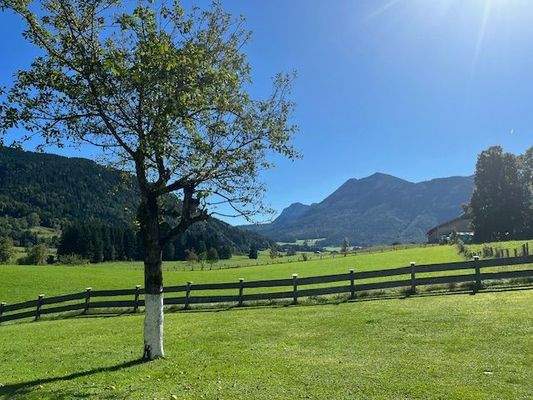 Herrlichen Ausblick auf Wiesen, Felder, Wälder und Berge