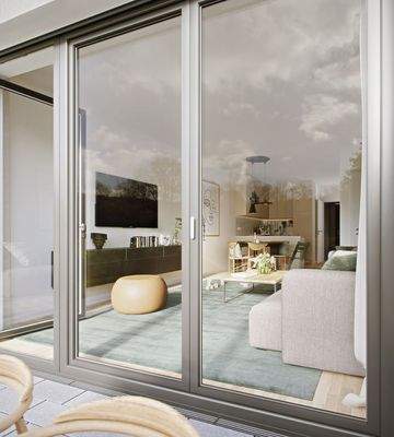 Terrasse Blick ins Wohnzimmer mit Küche