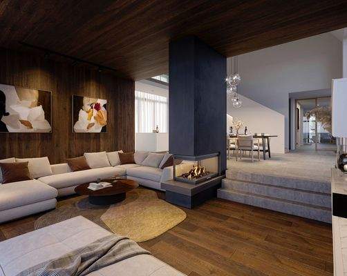 Visualisierung Wohnbereich mit Kamin