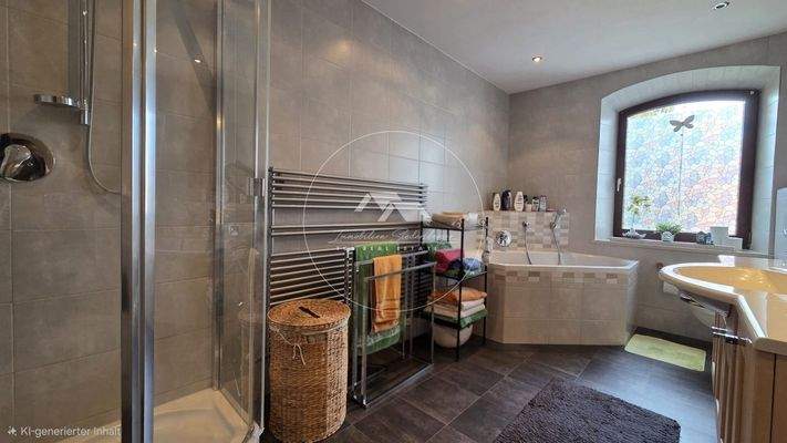 großes Bad mit Eckbadewanne und Dusche