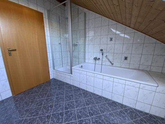 Blick auf die Dusche und Badewanne