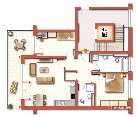 Grundriss mit Möblierungsbeispiel - Wohnung Nr. A2-33-06