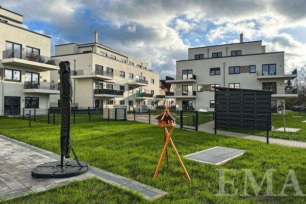 Blick zur Wohnanlage mit Fahrradstellplätzen