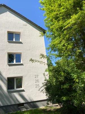 Seitenansicht Gebäude mit Fenstern und Begrünung