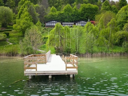 Blick vom See über den Steg zum Seehaus