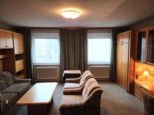 Lichtdurchflutetes Hauptzimmer mit Sitzmöglichkeit