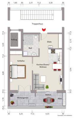 Grundriss der Wohnung (nicht maßstabsgerecht, Möblierungsbeispiel)
