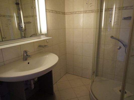 Badezimmer mit Waschbecken und Dusche
