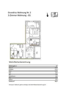 Grundriss + Wohnflächenberechnung Wohnung 02