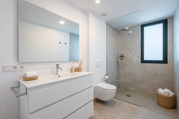 Moderne Badezimmergestaltung in neutralen Tönen Kopie