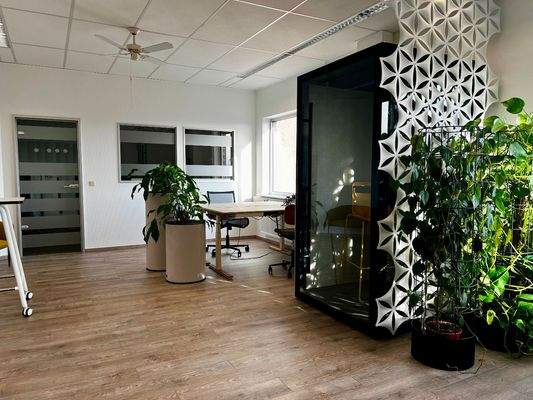 Blick auf die beiden freien Büroarbeitsplätze und die Telefonkab